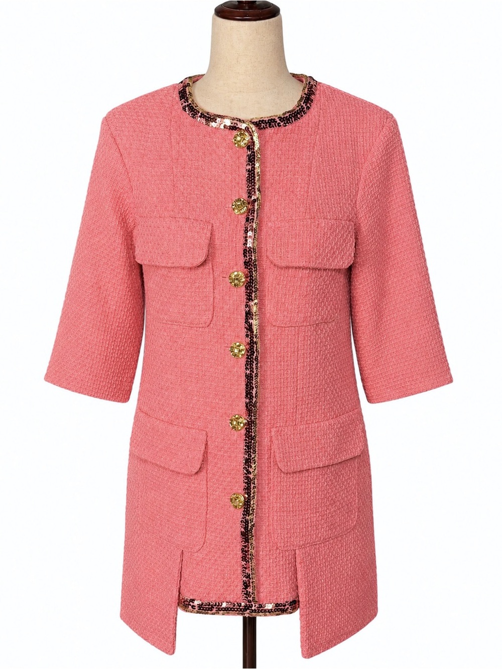 NWT Bella Barnett pink tweed and sequin trim mini dress/ tunic.  Gold buttons- S